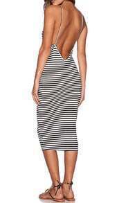 Black White Spaghetti Strap Striped Backless Dress