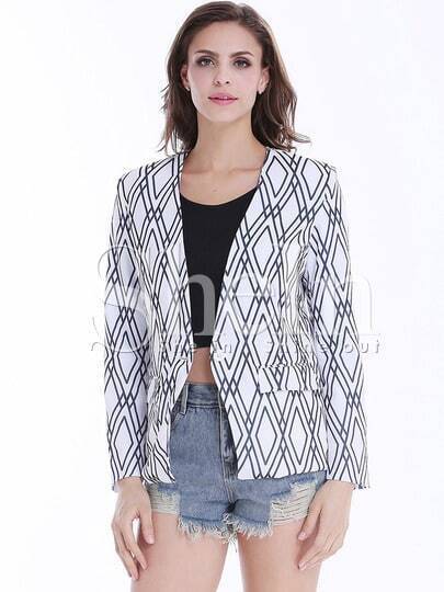 White Long Sleeve Black Diamond Print Crop Blazer White Long Sleeve Black Diamond Print Crop Blazer pictures