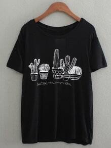 Black Short Sleeve Cactus Embroidered T-Shirt