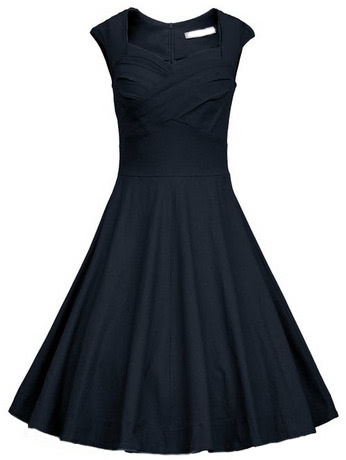 Navy Frocks Heart Shape Collar Raw Sleeveless Flare Dress