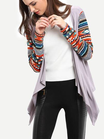 Grey Geometric Print Drape Front Knit Cardigan