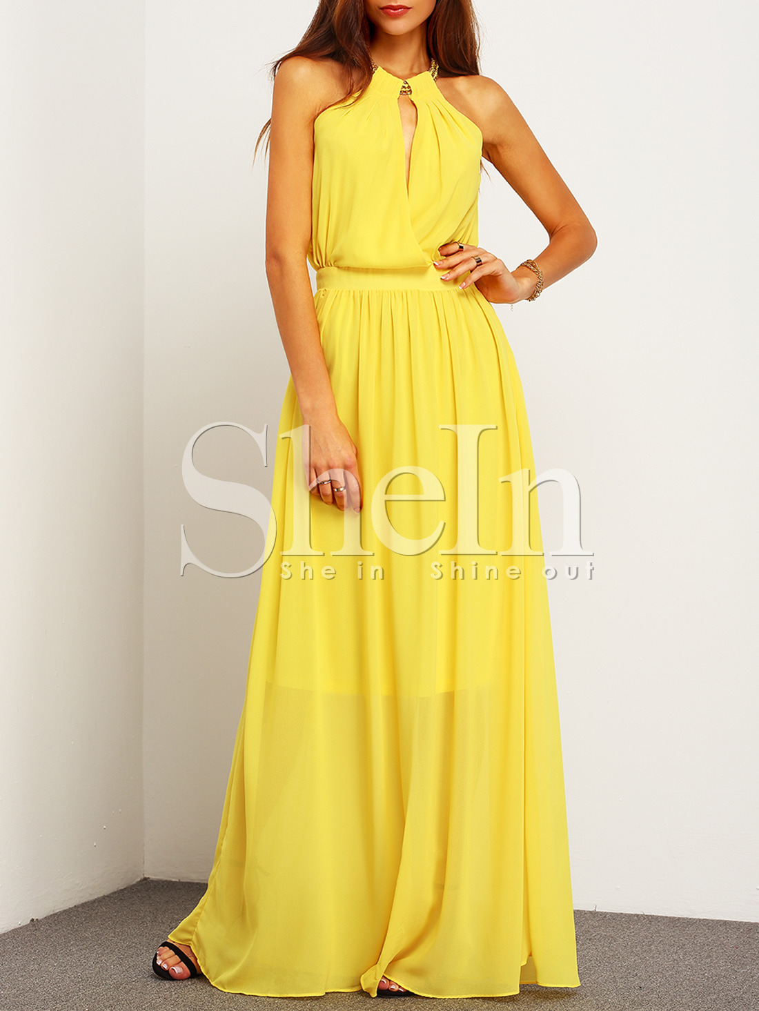 Yellow Sleeveless Halter Maxi Dress SheIn(Sheinside)