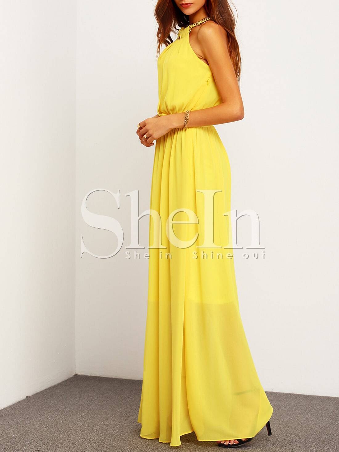 Yellow Sleeveless Halter Maxi Dress SheIn(Sheinside)
