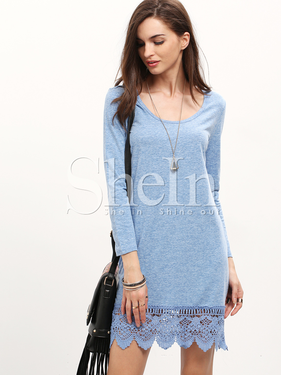 Blue Long Sleeve With Lace Dress