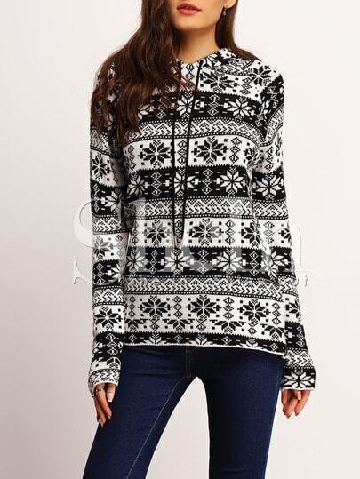 Black White Hooded Snowflake Print Sweater Black White Hooded Snowflake Print Sweater pictures