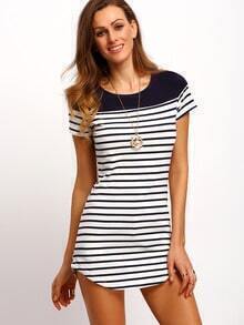 White Striped Panel Long T-Shirt
