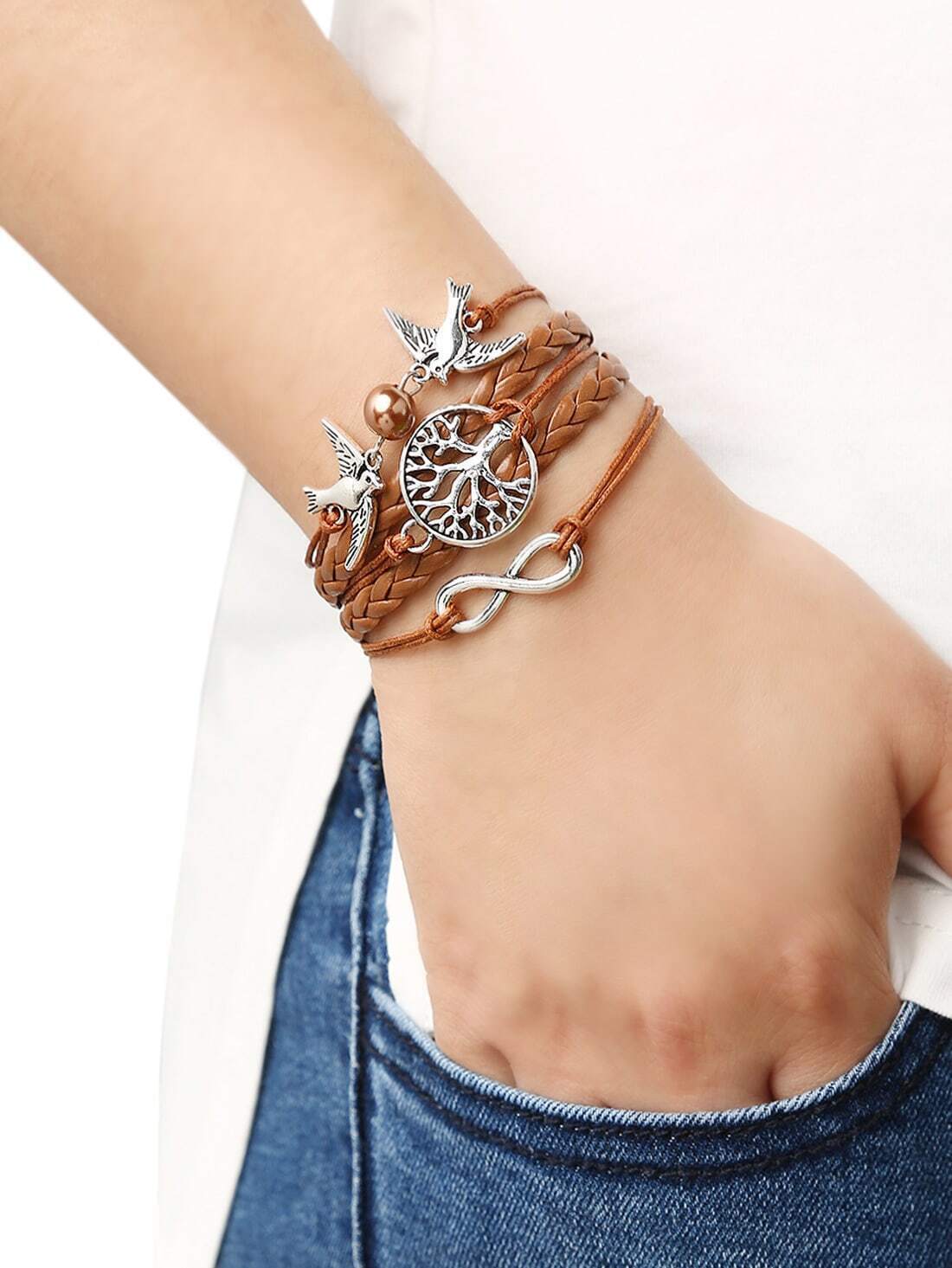 Brown Braid Tree Birds Bracelet