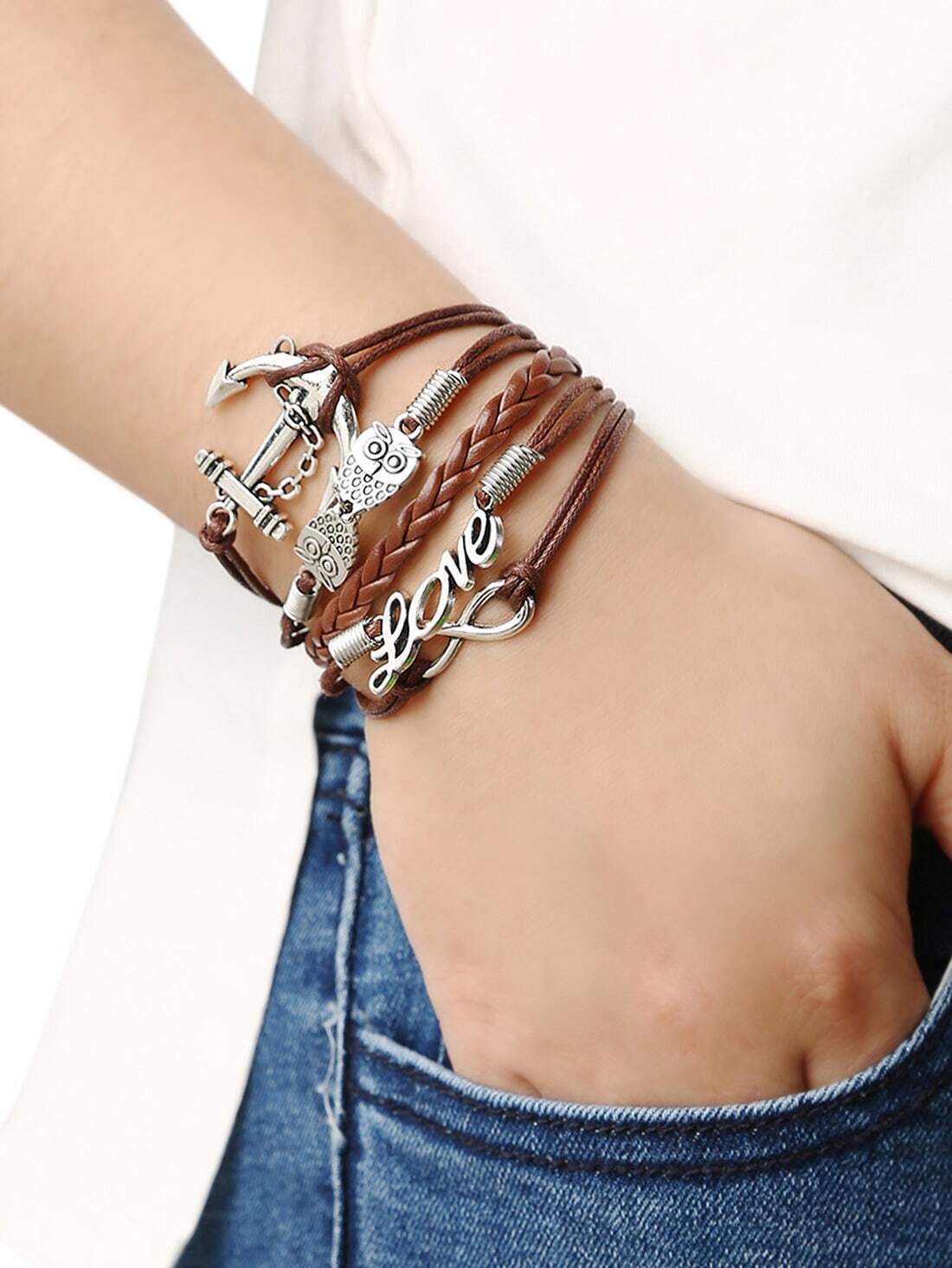 Braided Leather Bracelet With Anchor And Owl