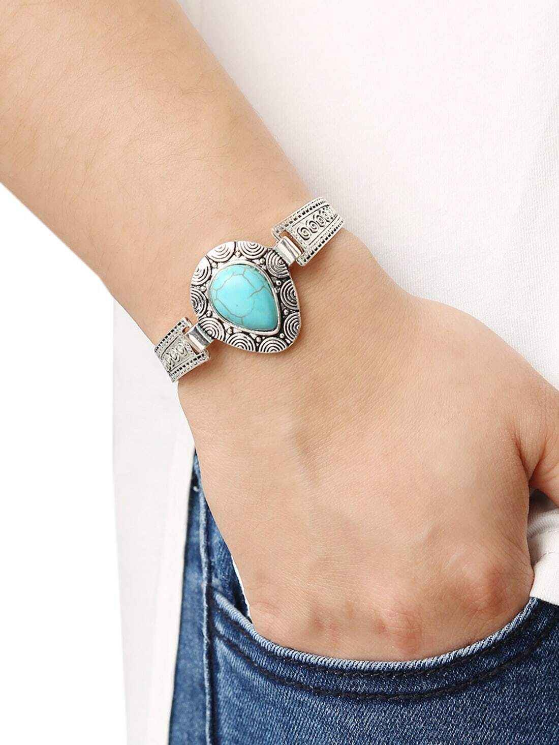 Teardrop Turquoise Set-in Carved Bracelet