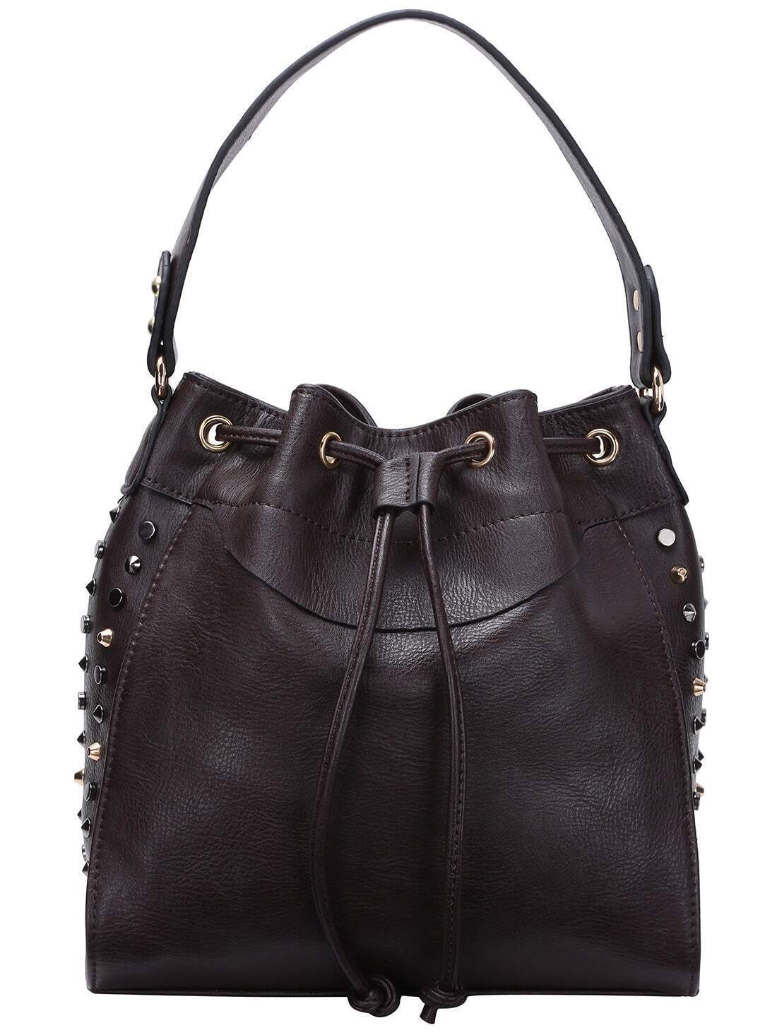 Brown Studded PU Shoulder Bag With Drawstring