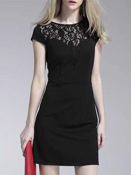 Black Crew Neck Contrast Lace Dress