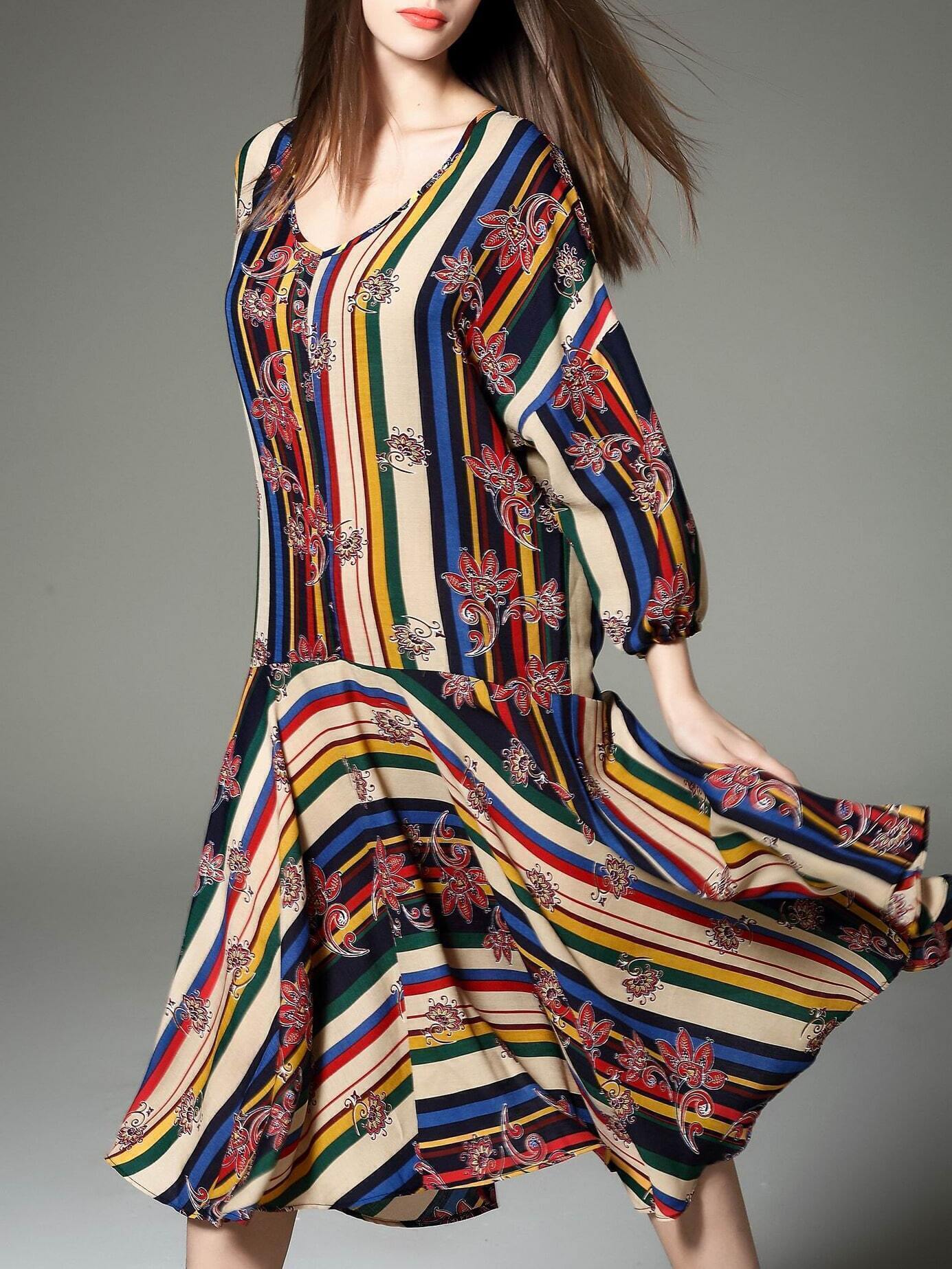 Multicolor V Neck Tribal Print Dress