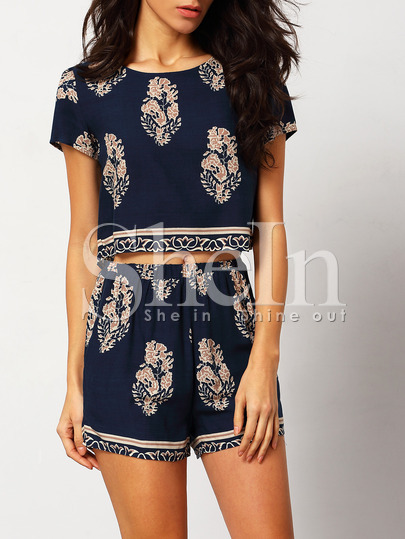 Navy Short Sleeve Leaves Print Crop Top With Shorts Suits Navy Short Sleeve Leaves Print Crop Top With Shorts Suits pictures