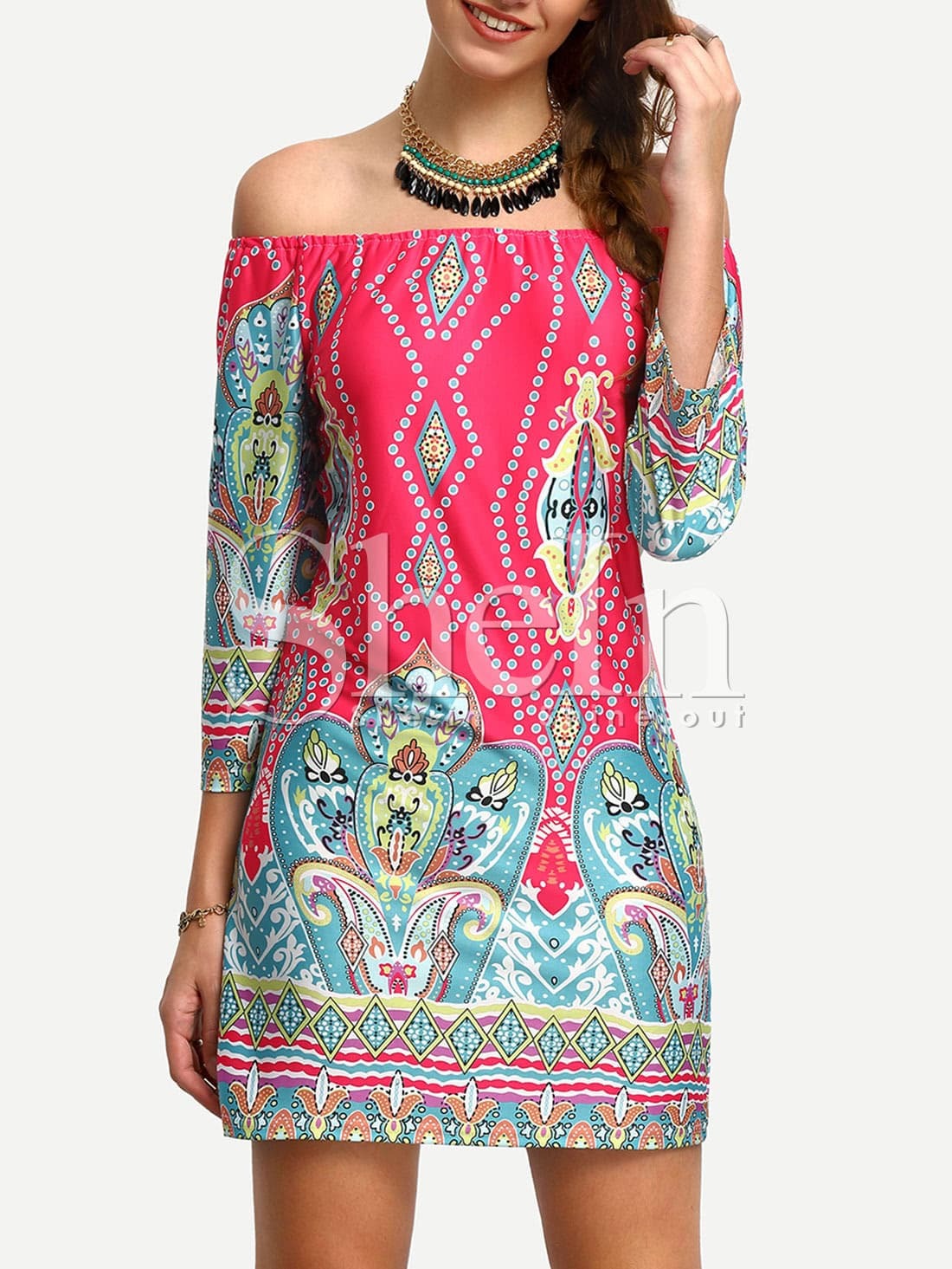 Multicolor Boat Neck Tribal Print Dress