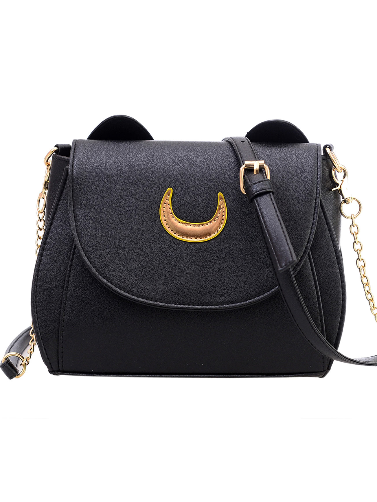 Crescent Patch Flap Bag With Cat Ears - Black