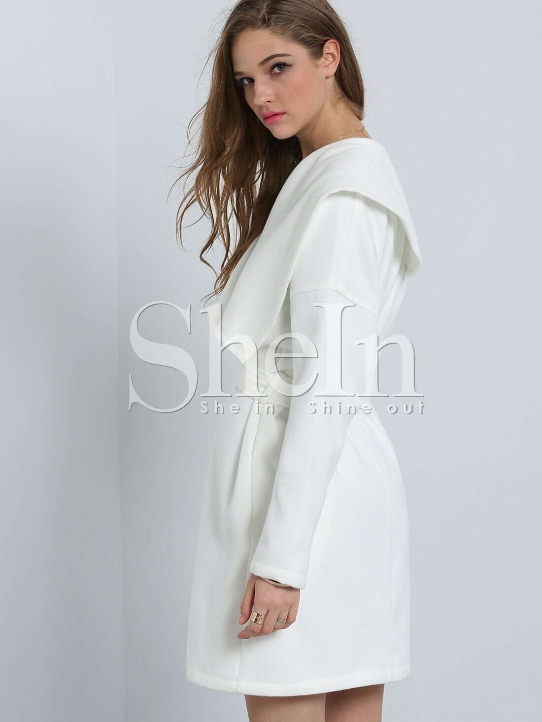 White Lapel Pockets Trench Coat SheIn(Sheinside)