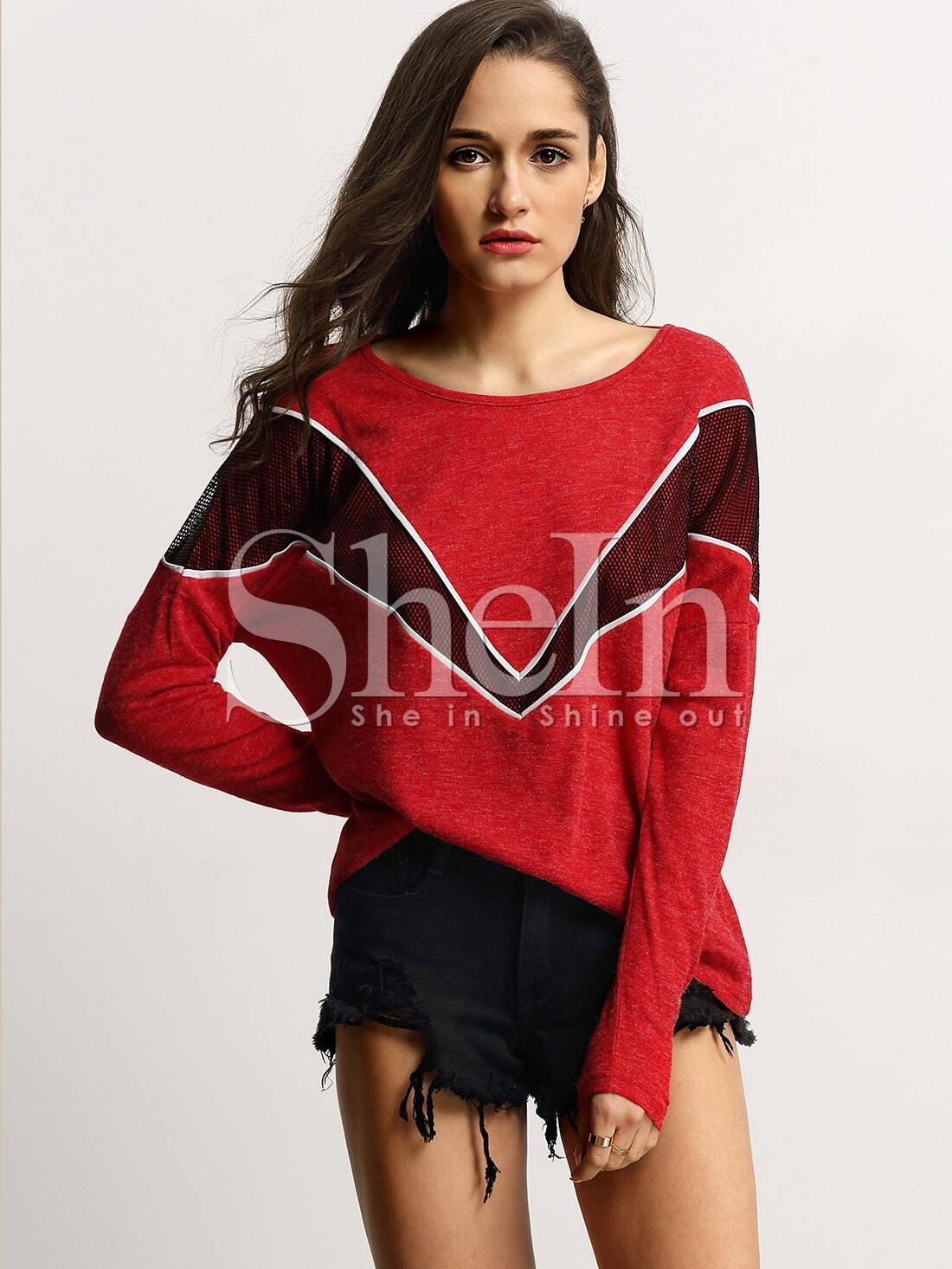 Red Crew Neck Color Block TShirt SheIn(Sheinside)