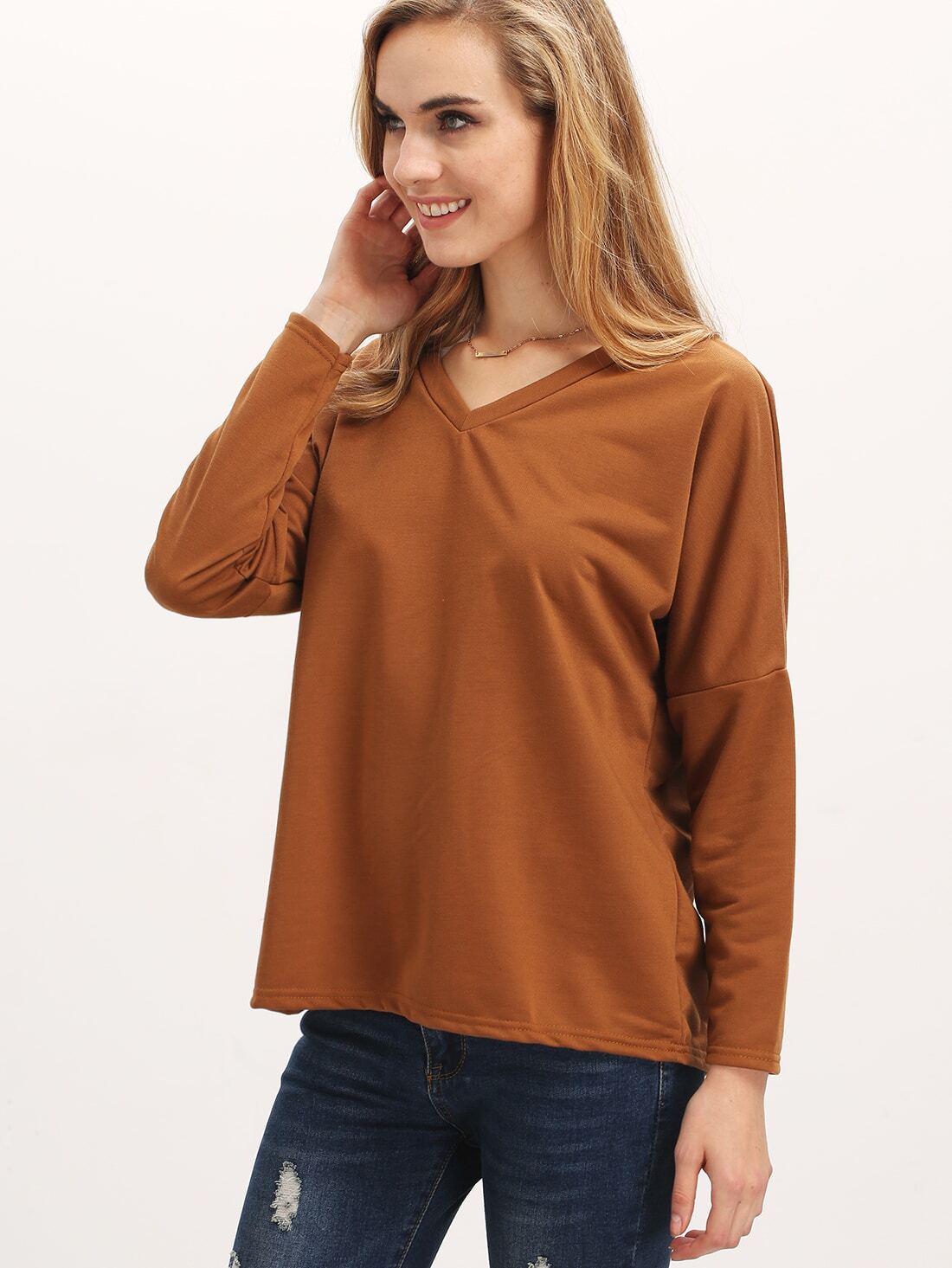 Coffee V Neck Loose TShirt SheIn(Sheinside)