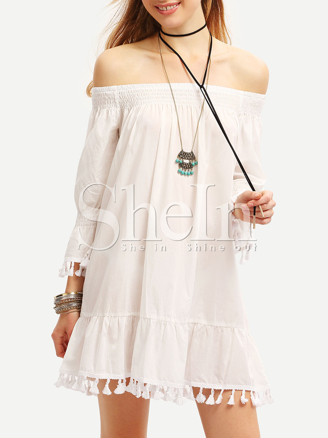 Beige Off The Shoulder Fringe Shift Dress