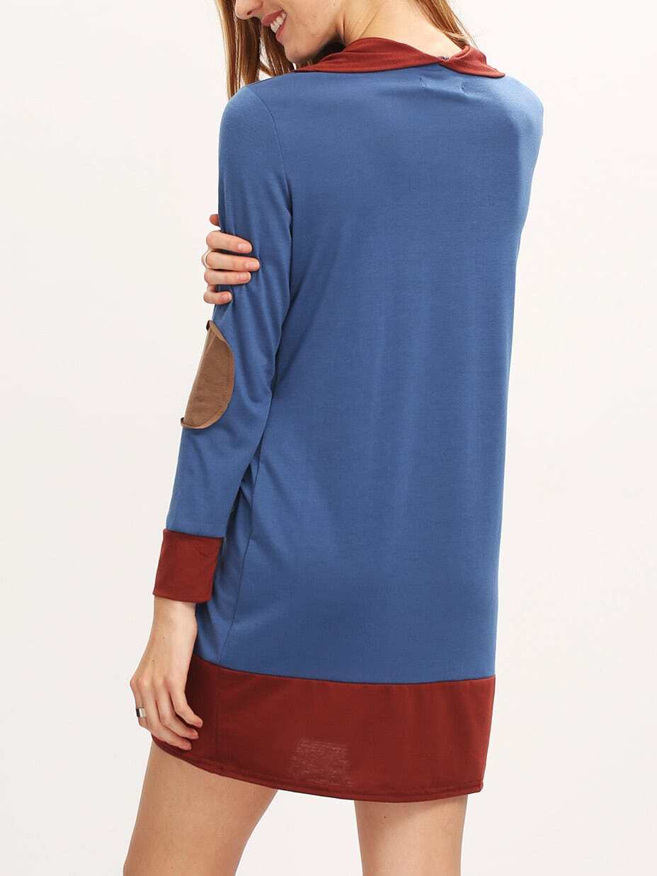 Navy Draped Neck Elbow Patch Dress SheIn(Sheinside)