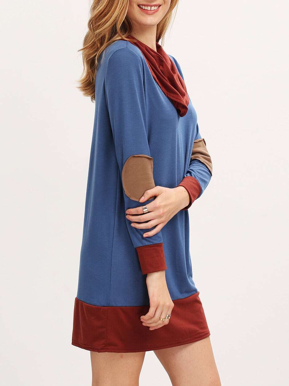 Navy Draped Neck Elbow Patch Dress SheIn(Sheinside)