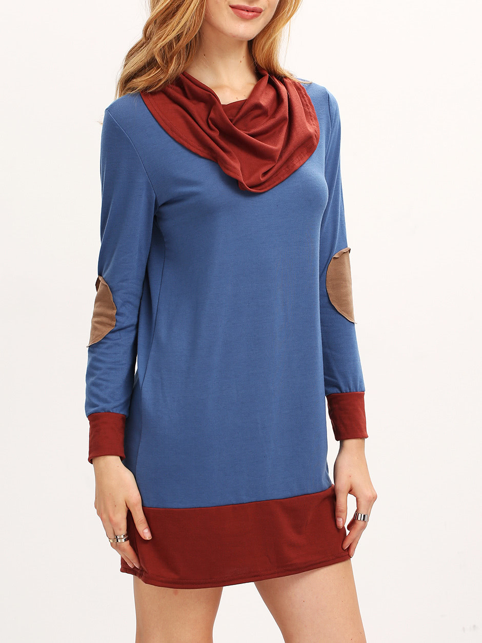 Navy Draped Neck Elbow Patch Dress SheIn(Sheinside)