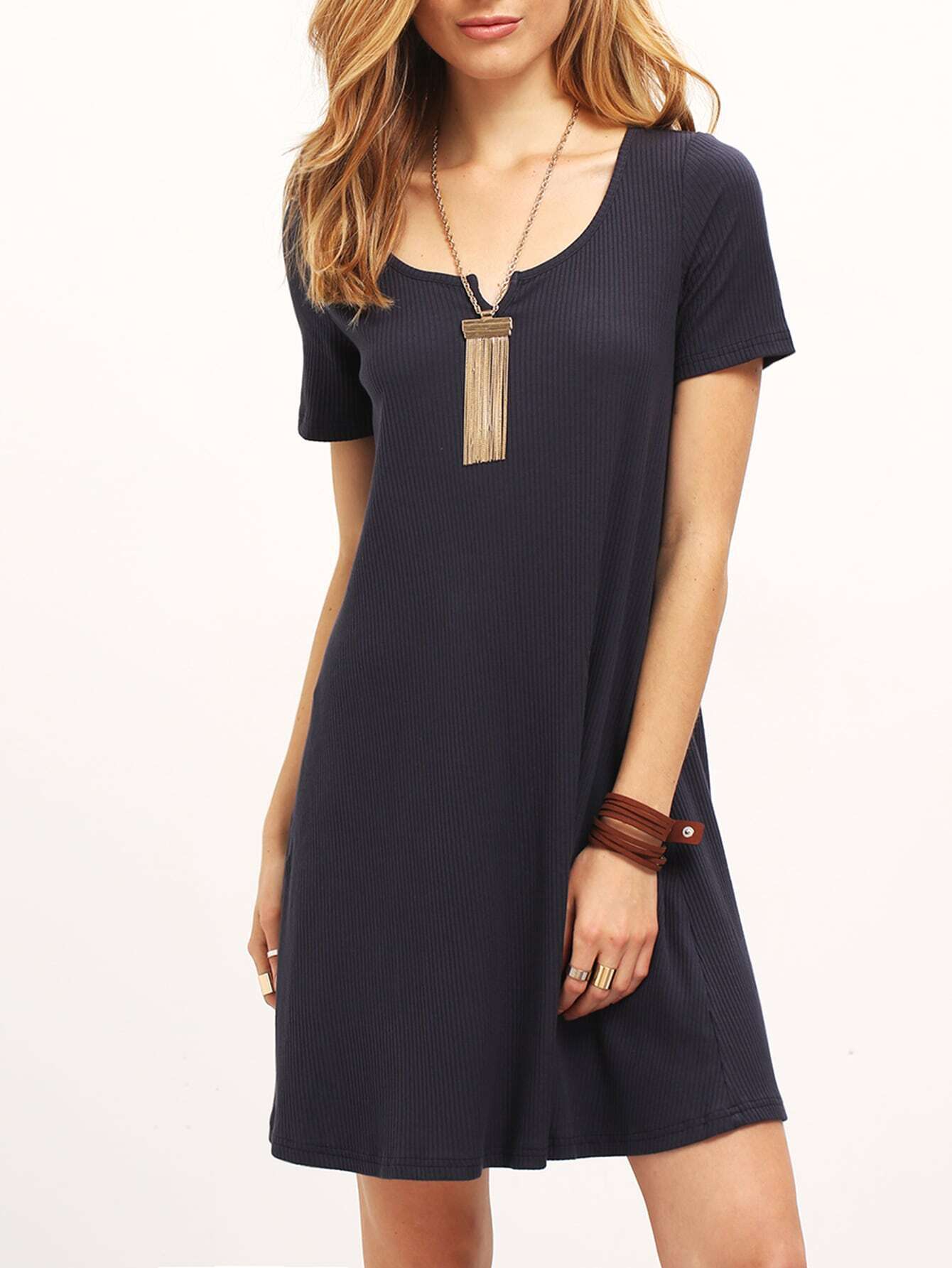 Navy Short Sleeve Loose Casual Dress