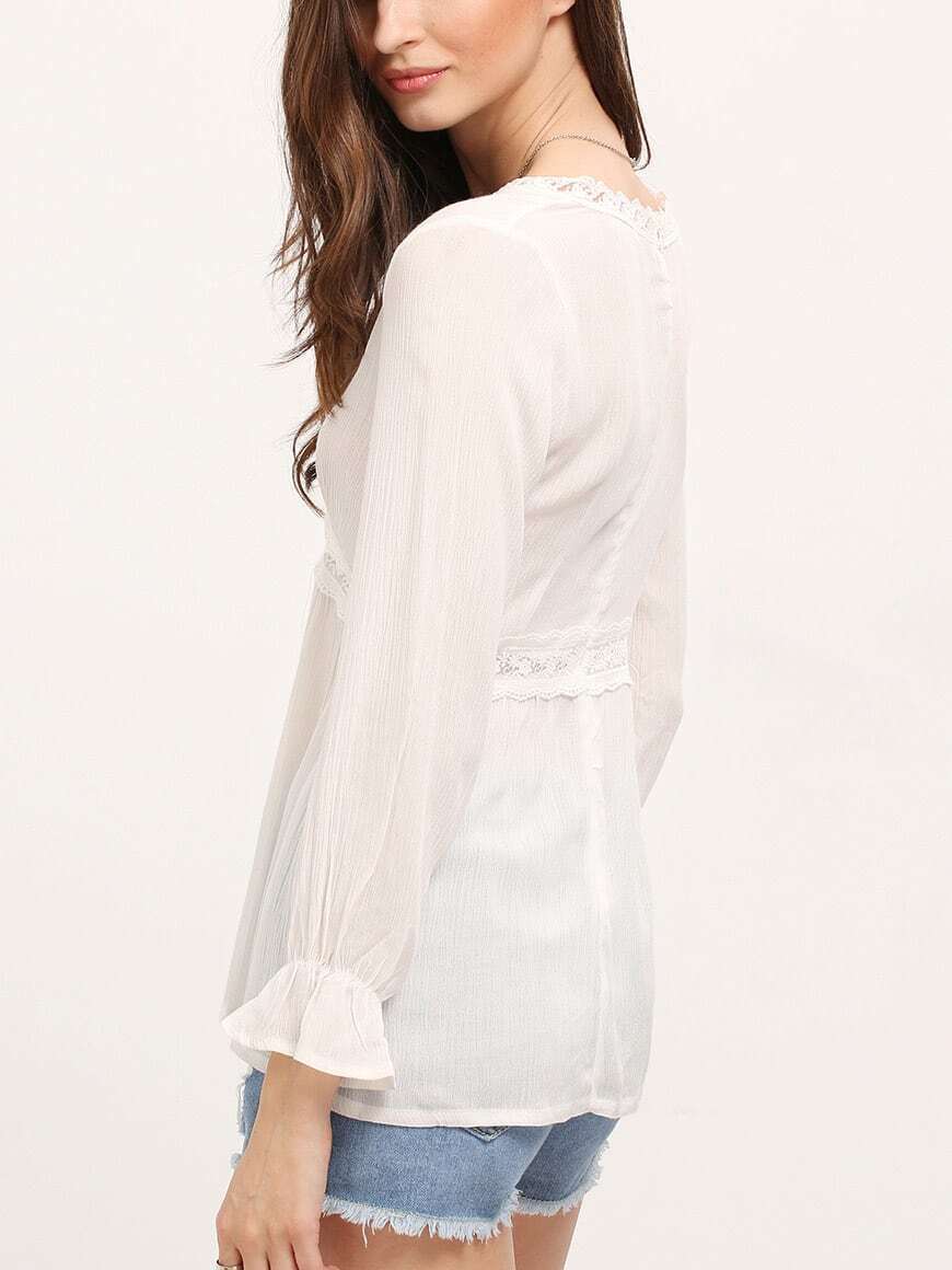 White Deep Vneck Long Sleeve Blouses SheIn(Sheinside)