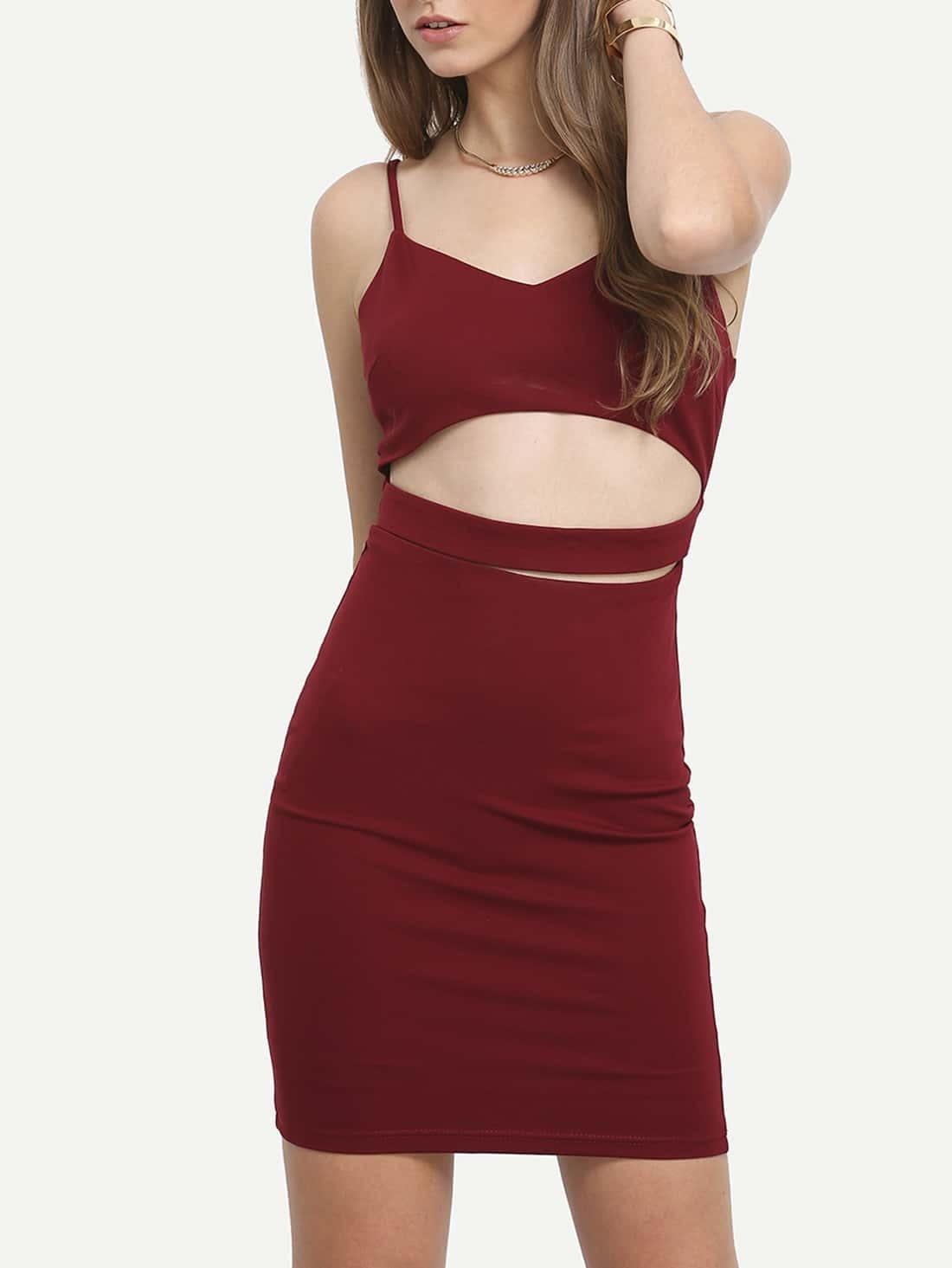 Burgundy Spaghetti Strap Cut Out Sheath Dress