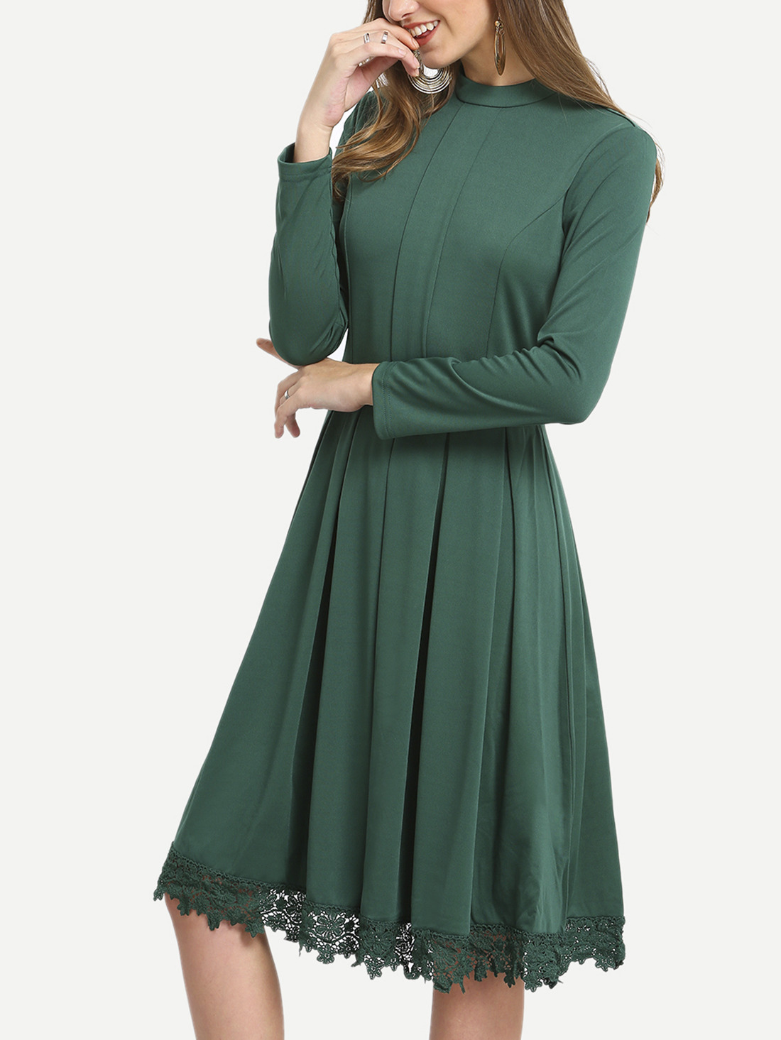 Green Crew Neck Pleated Lace Hem Dress