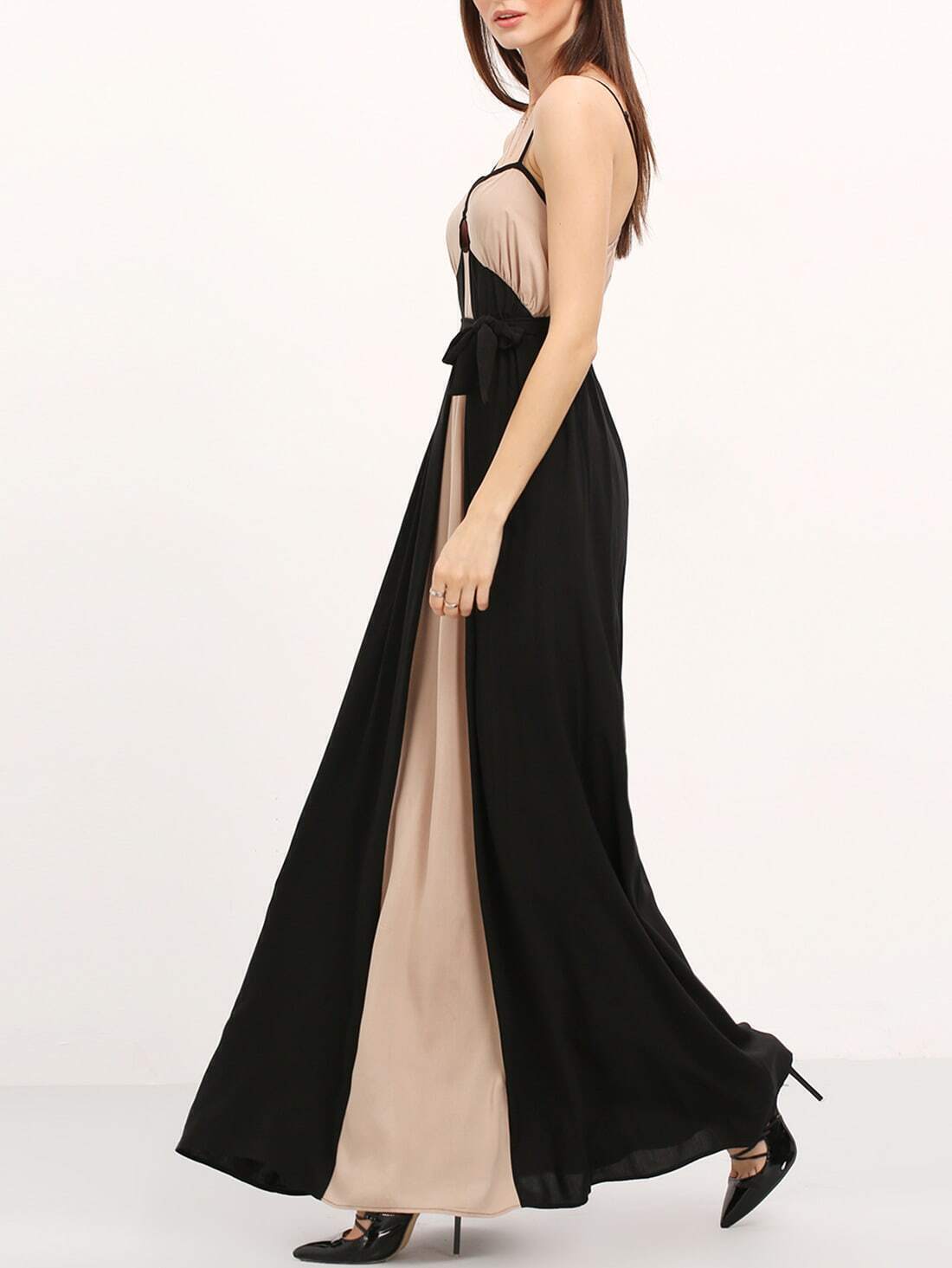 Black Grey Spagettic Strap Color Block Maxi Dress SheIn(Sheinside)