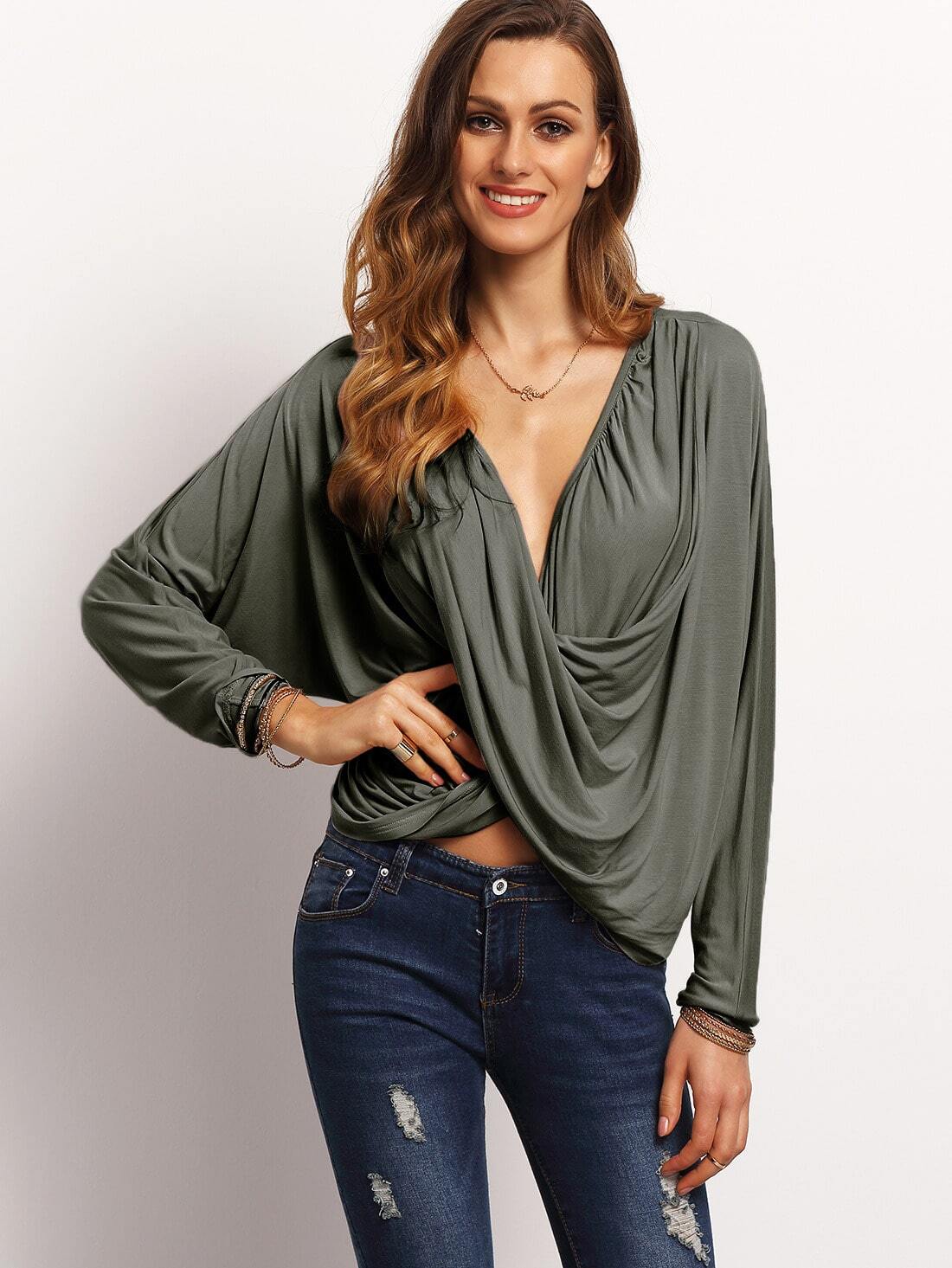 Green V Neck Wrap Front TShirt SheIn(Sheinside)
