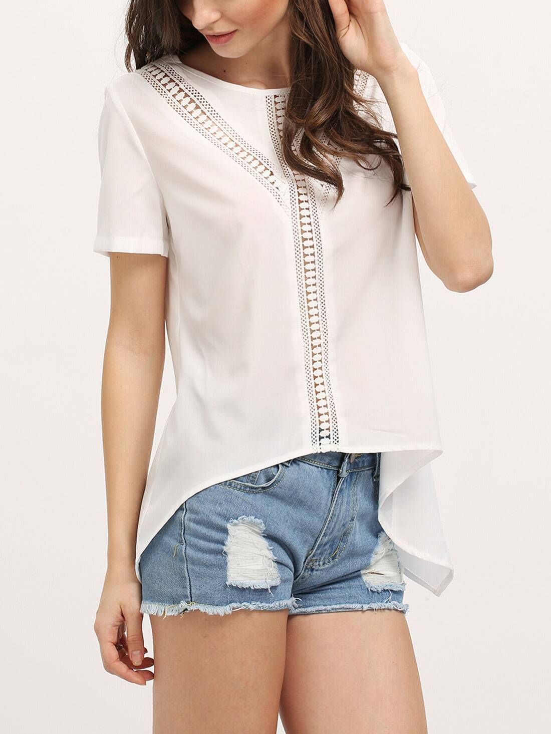 White Crochet Panel Short Sleeve T-shirt