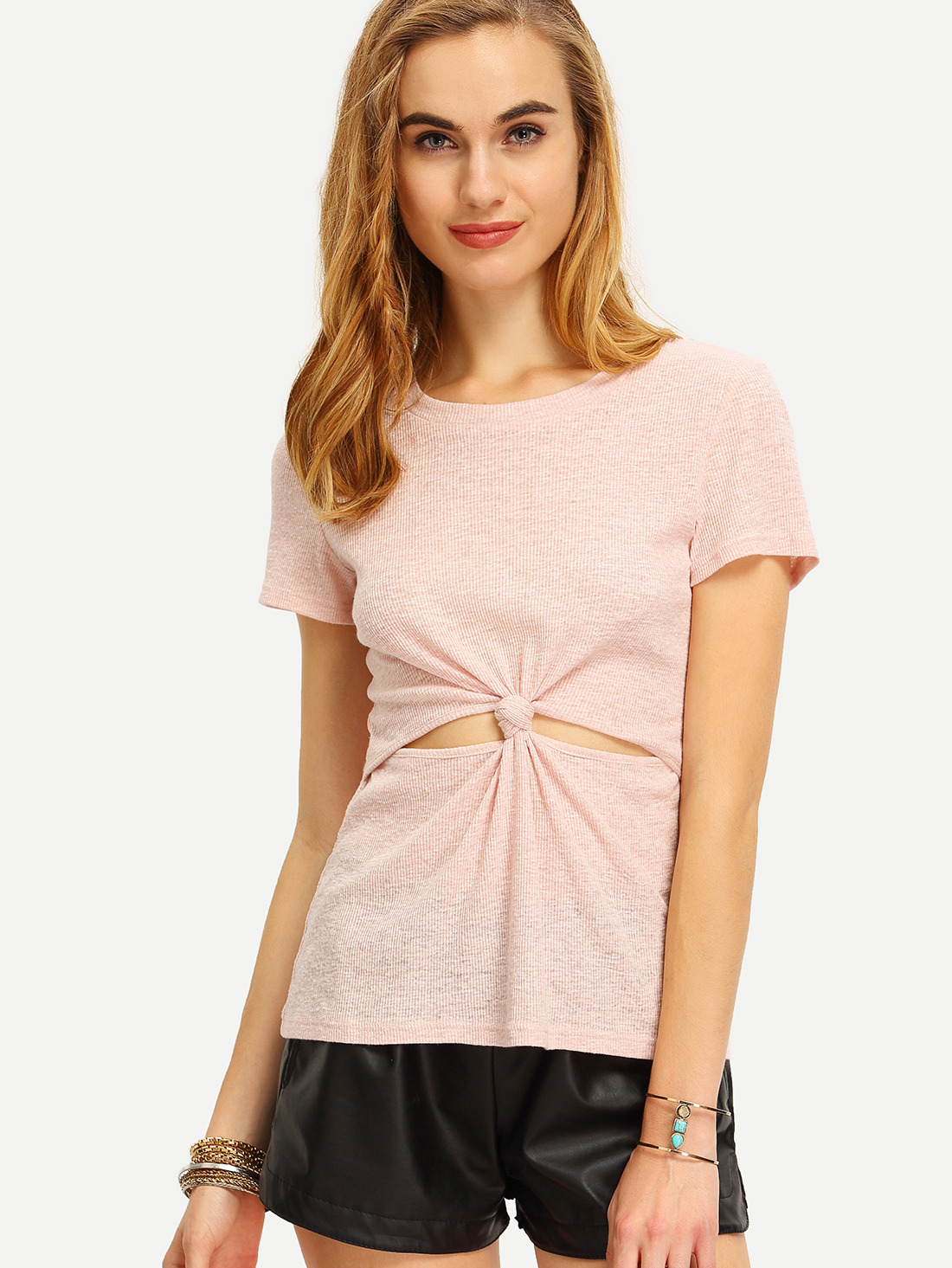 Pink Knotted Front Casual T-shirt