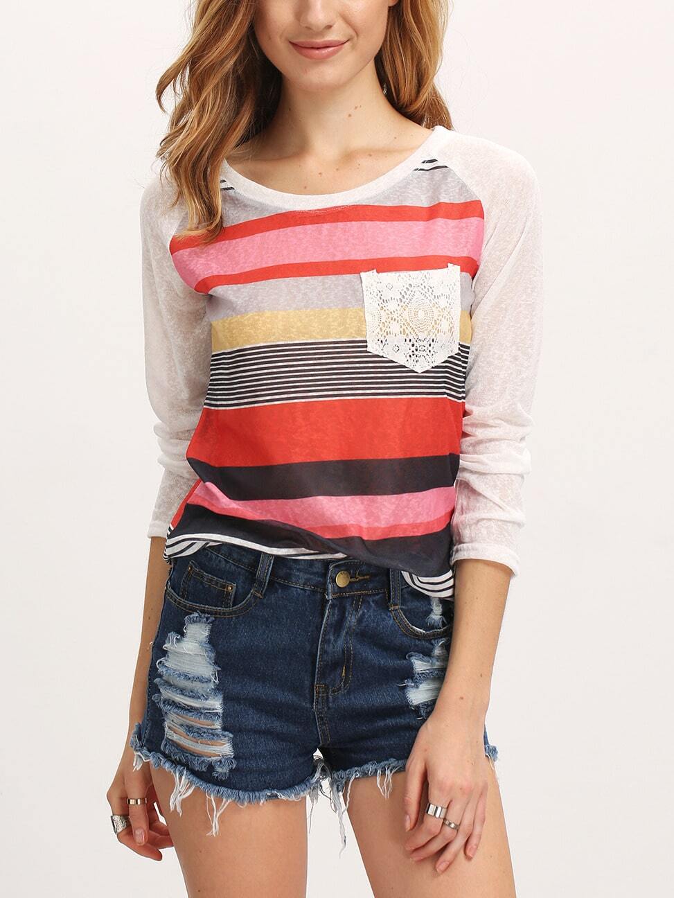 Multicolor Round Neck Striped Pocket Sweater