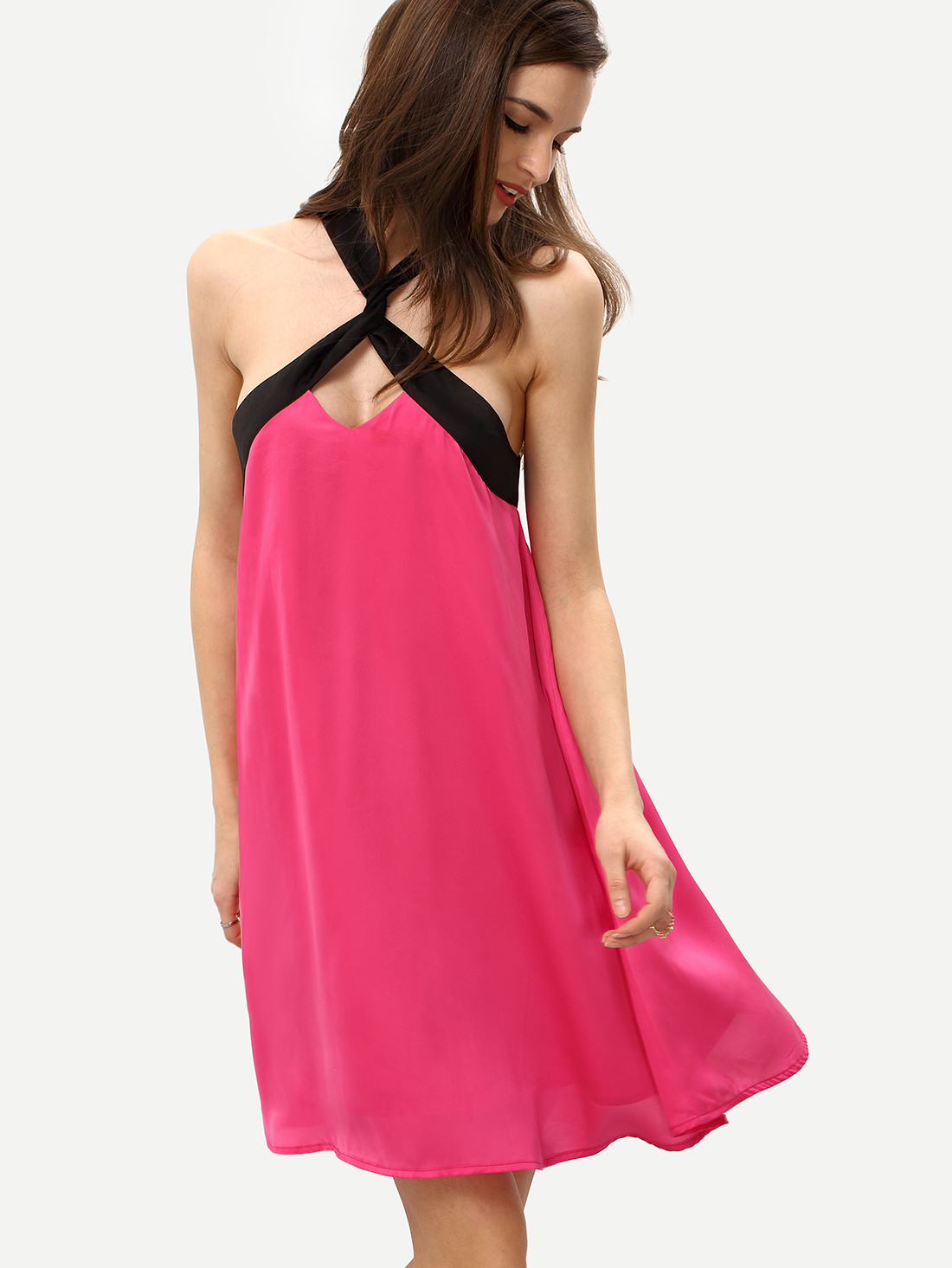 Rose Black Crisscross Neck Sleeveless Shift Dress