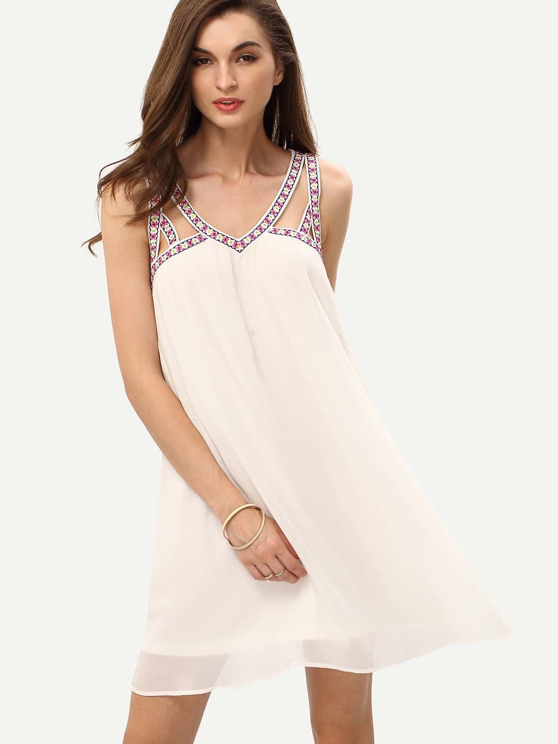 White Sleeveless Embroidered Cut Out Shift Dress