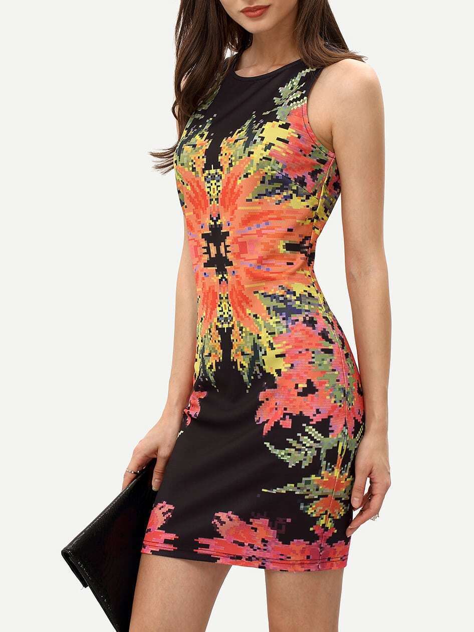 Floral Placement Print Sleeveless Bodycon dress