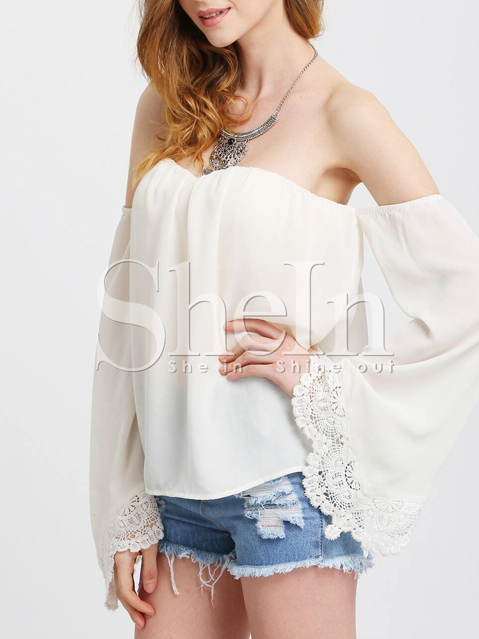 Beige Spaghettic Strap Bell Sleeve Crochet Lace Blouse