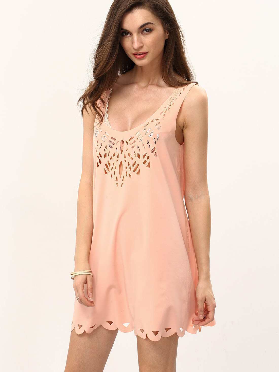 Pink U Neck Hollow Shift Dress