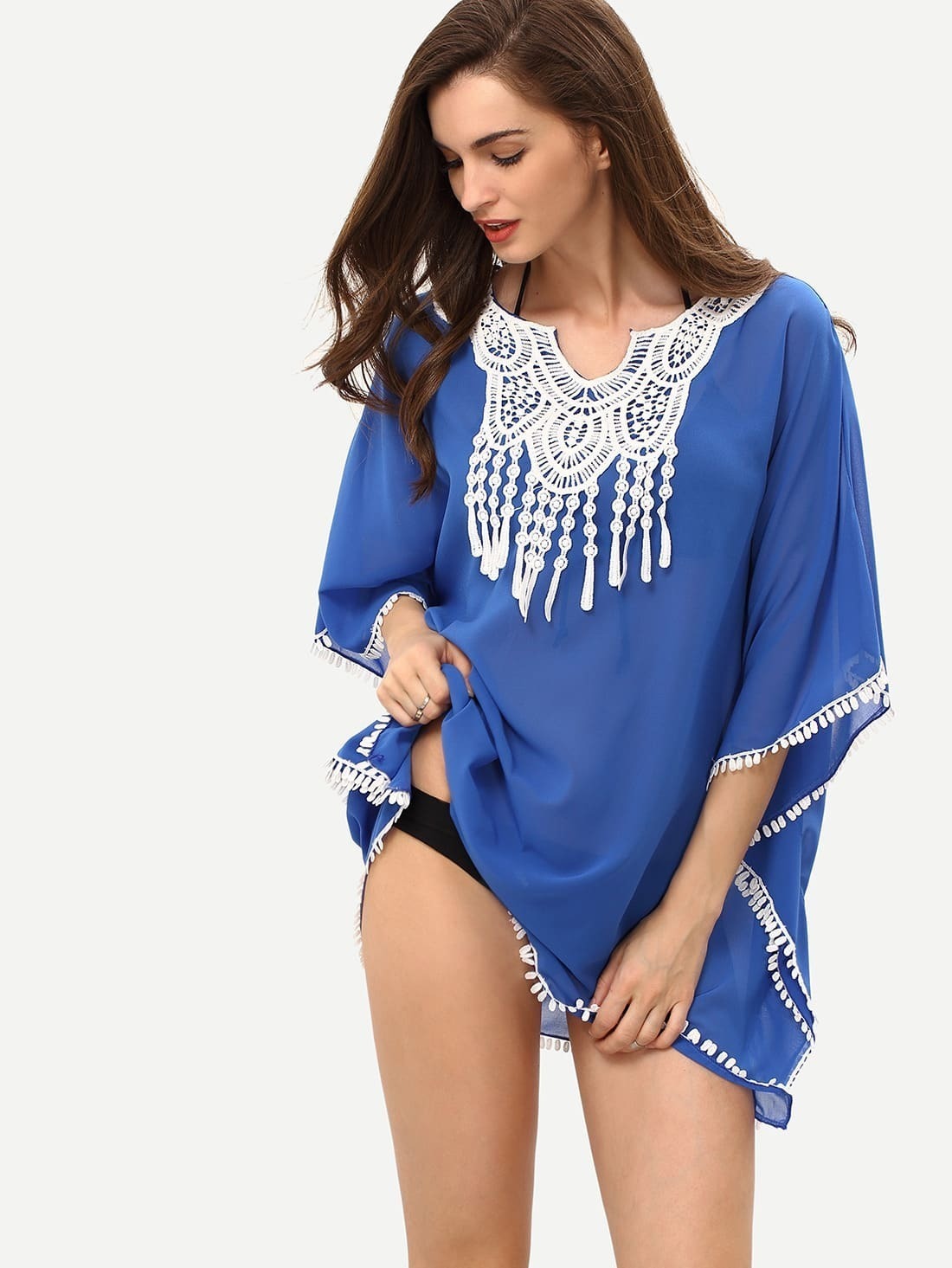 Blue Tassel Loose Chiffon Blouse SheIn(Sheinside)