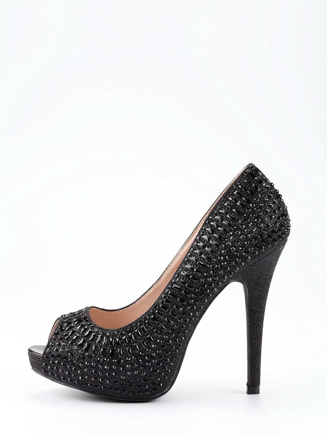 Black Sequin Peep Toe Platform Pumps