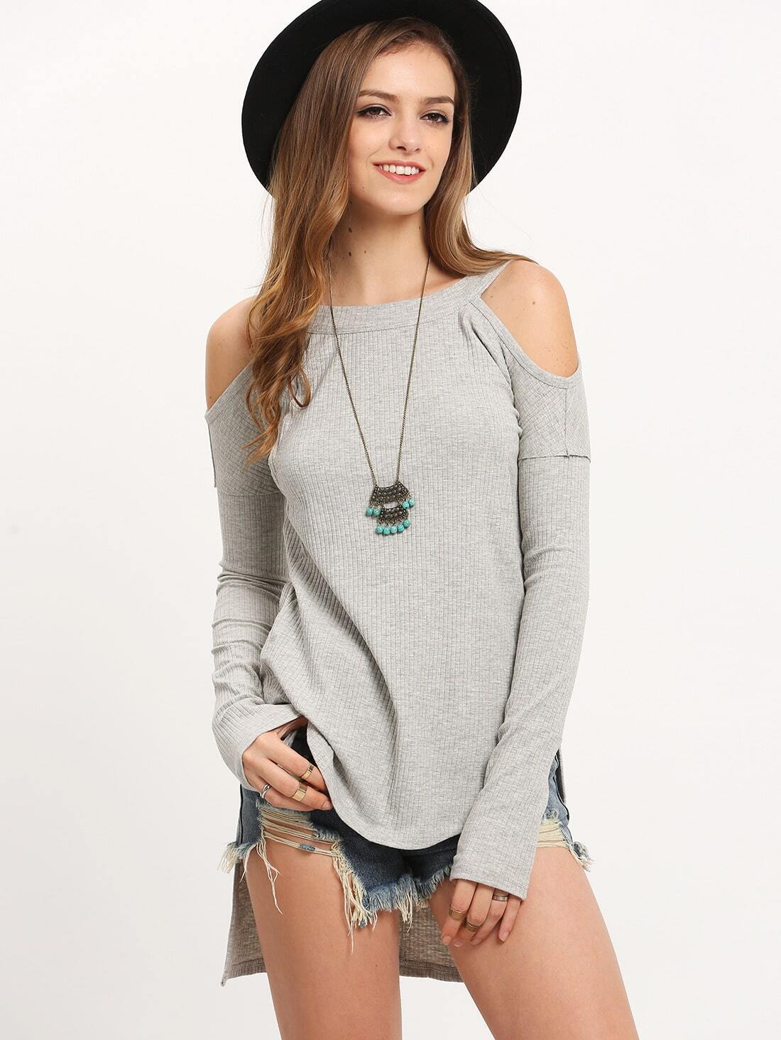 Grey Off The Shoulder Dip Hem Rib T-shirt