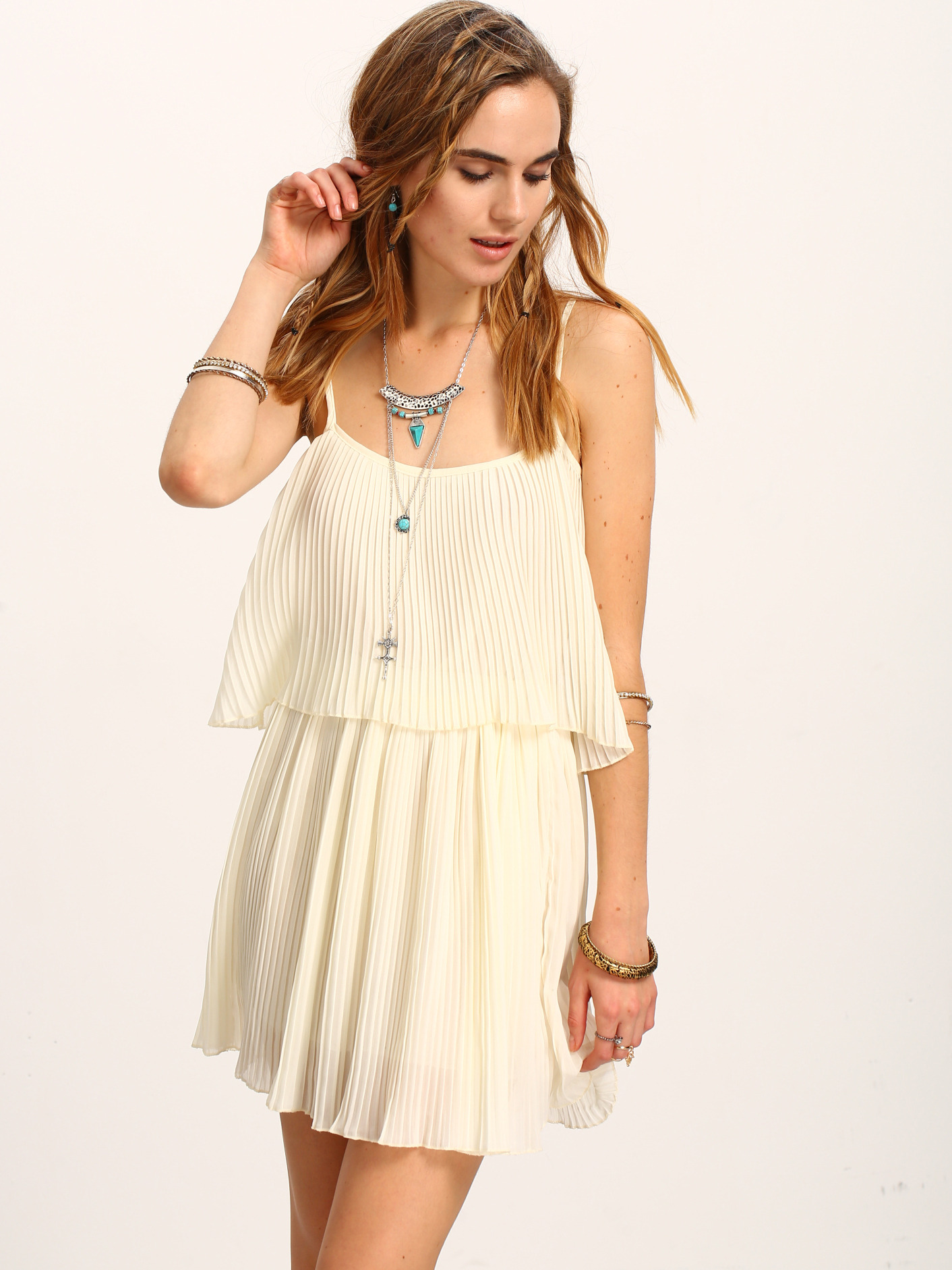 Cutout Layered Pleated Chiffon Cami Dress - Beige