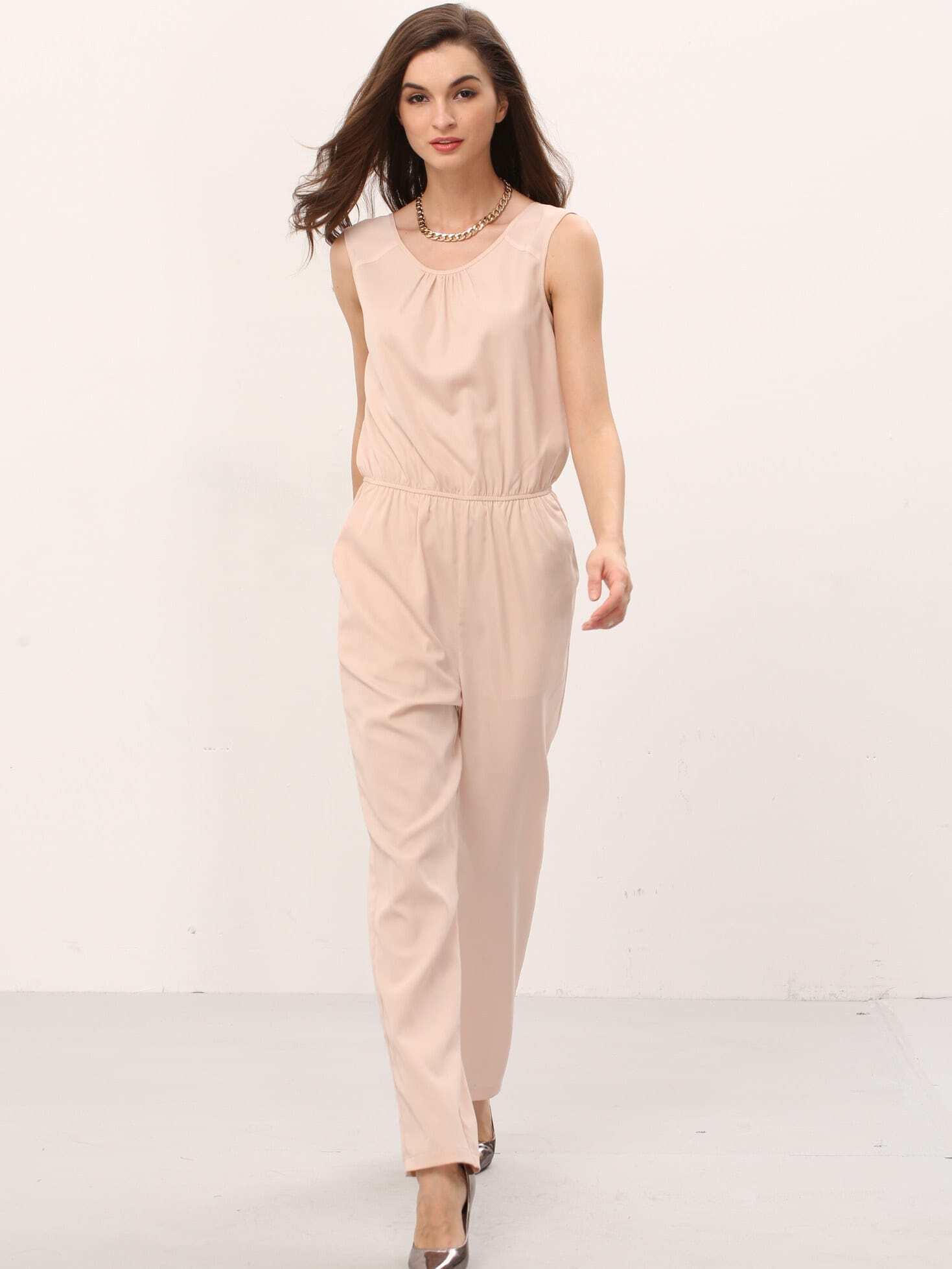 Pink V Back Pockets Sleeveless Jumpsuit