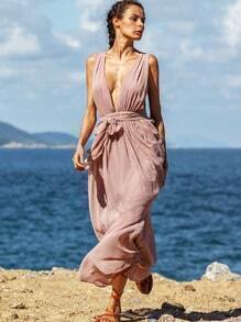 dress summer maxi neck pink shein beach dark deep brown pleated waist tie