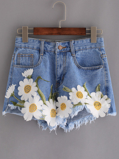 frayed embroidered flower applique blue denim shorts frayed embroidered flower applique blue denim shorts