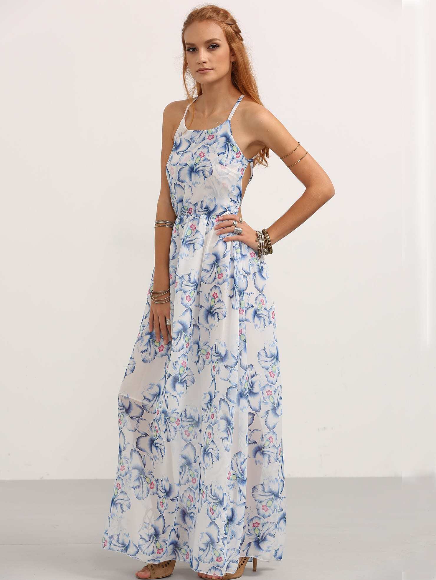 Halter Neck Florals Lace Up Back Chiffon Beach Dress SheIn(Sheinside)