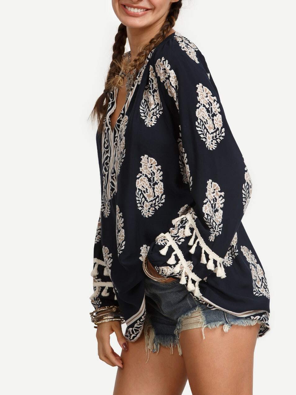 Navy Vintage Print Tassel Trim Blouse SheIn(Sheinside)