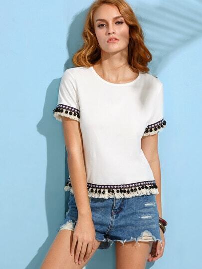 pomeranian t shirt white embroidered detail fringe pom pom t shirt shein sheinside pomeranian t shirt white embroidered detail fringe pom pom t shirt shein sheinside